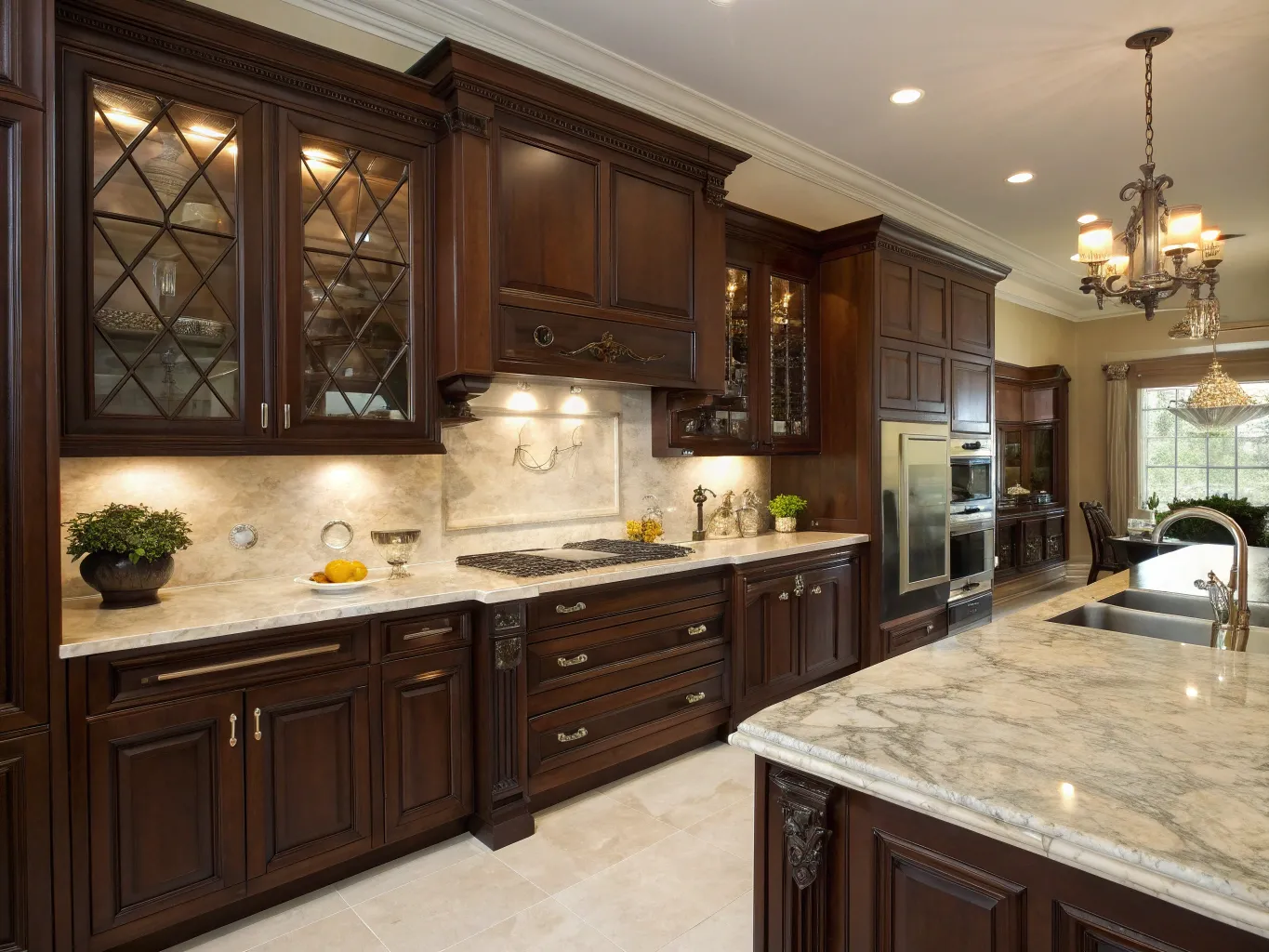 Luksuriøst køkken med mørke skabe og marmorbordflade