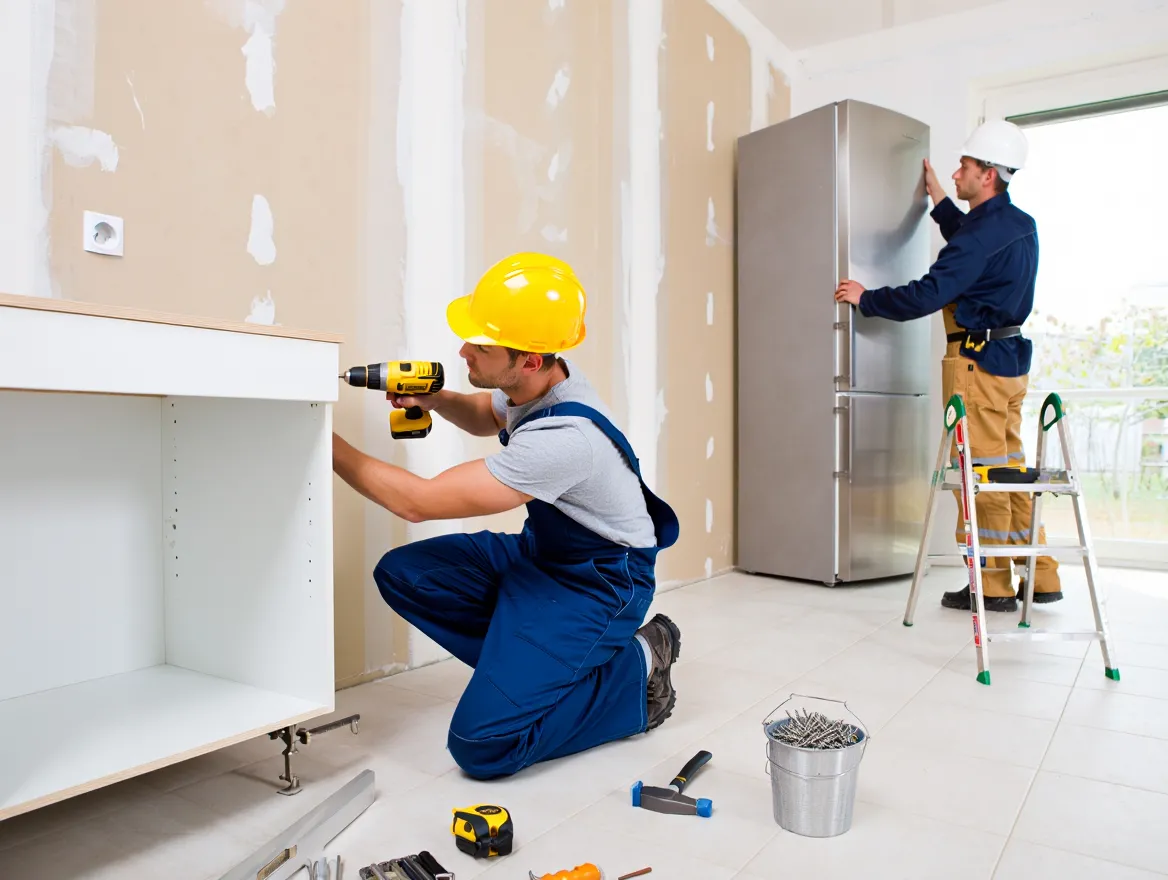 Køkkeninstallation i gang med professionelle håndværkere